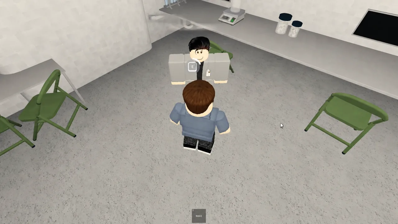 The E interaction prompt highlighted over the doctor NPC inside the lab room
