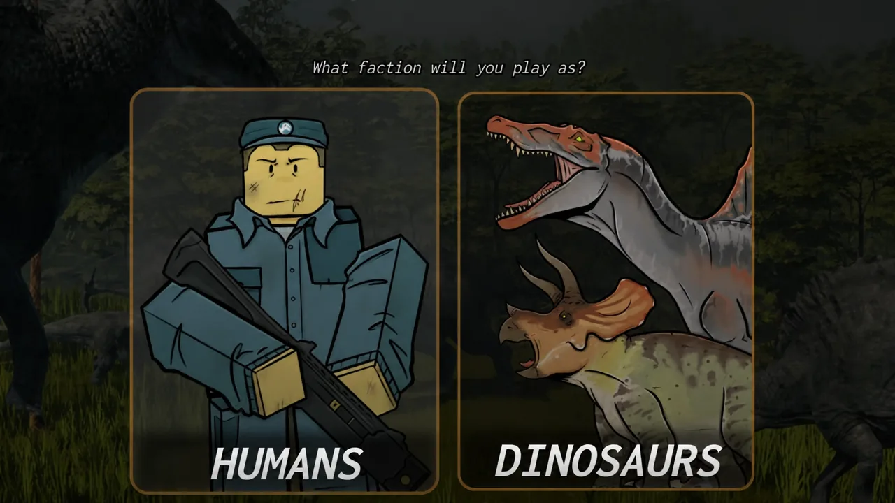 Faction selection screen asking which faction to play as, with Humans and Dinosaurs options