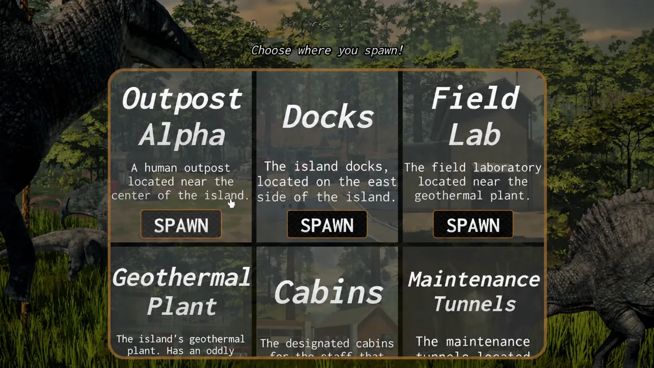 Spawn selection menu with Outpost Alpha highlighted among the available spawn points