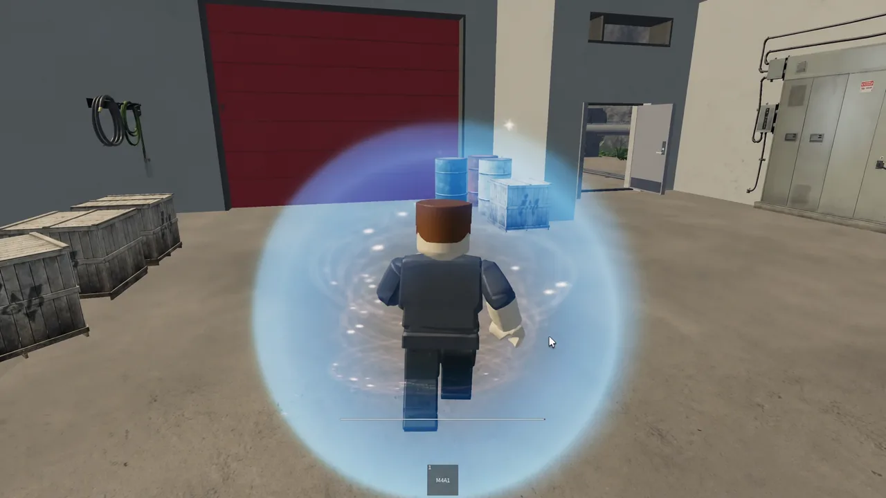 Player character leaving the spawn area inside a blue spawn shield, walking past crates toward a red garage door