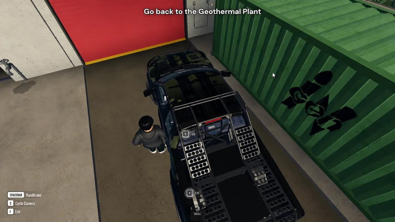 On-screen objective reading Go back to the Geothermal Plant with the vehicle entry prompt visible