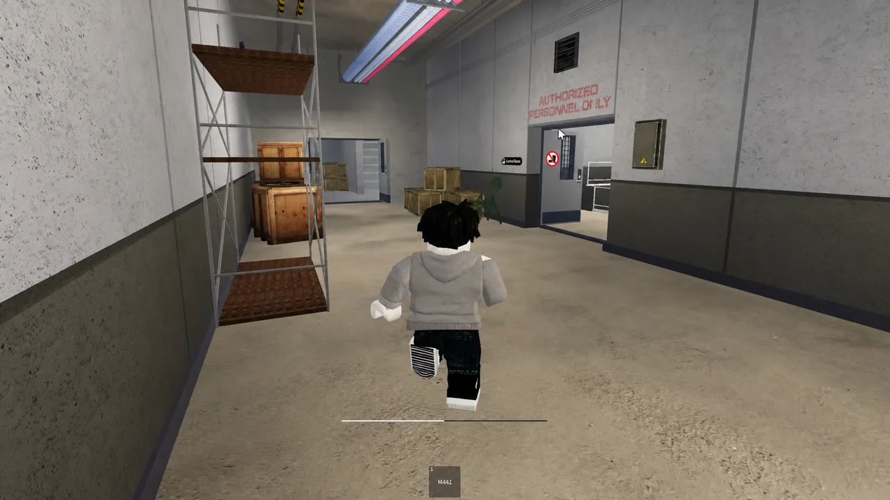 Character approaching the Authorized Personnel Only door inside the underground lab