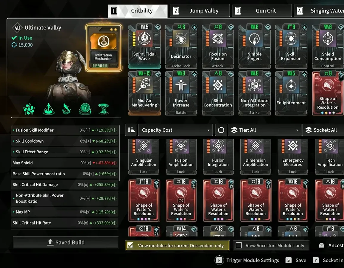 Ultimate Valby module screen filtered by a skill crit search term
