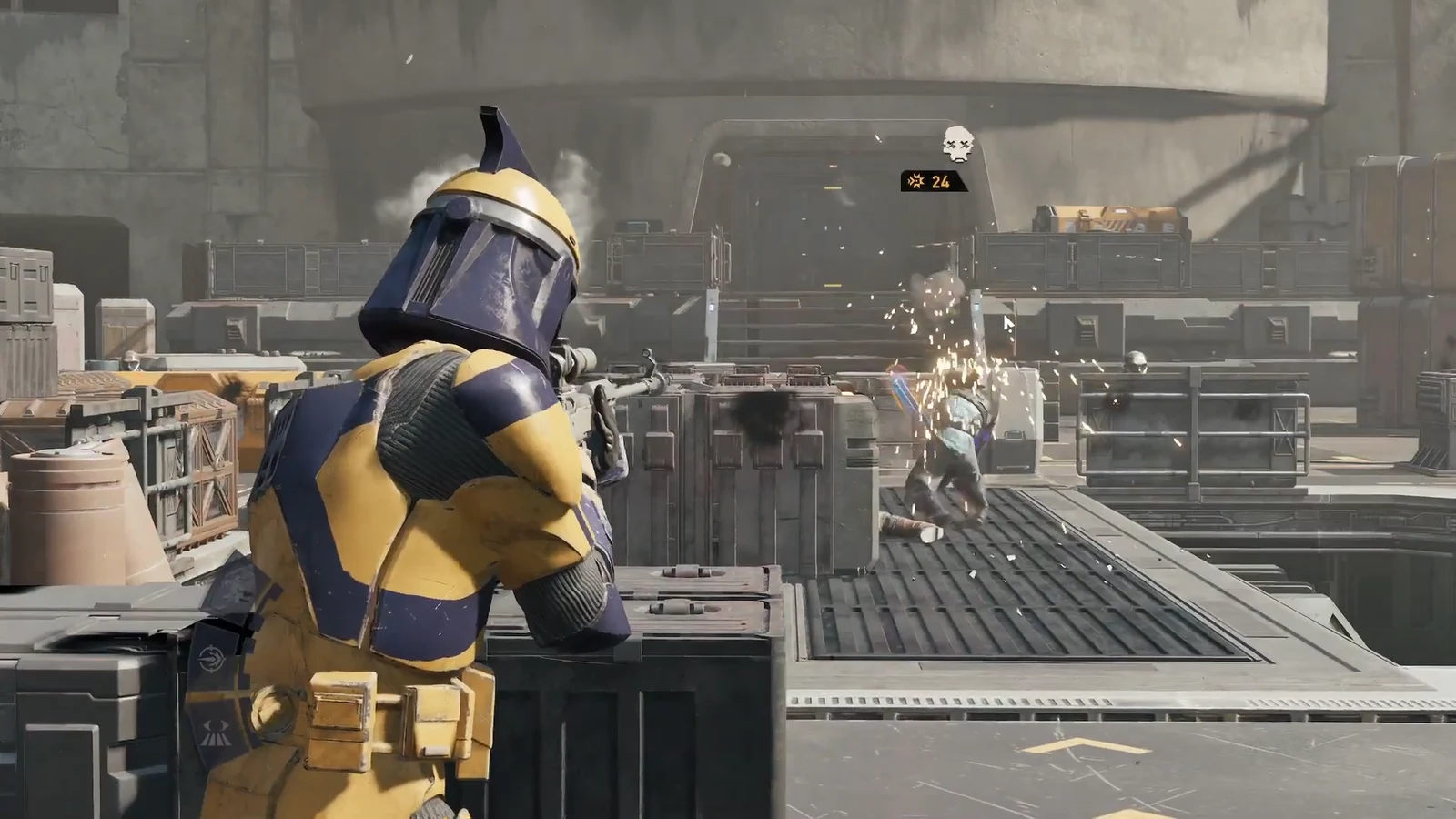 Armored operative firing across industrial rooftop platforms with 24 ammo remaining
