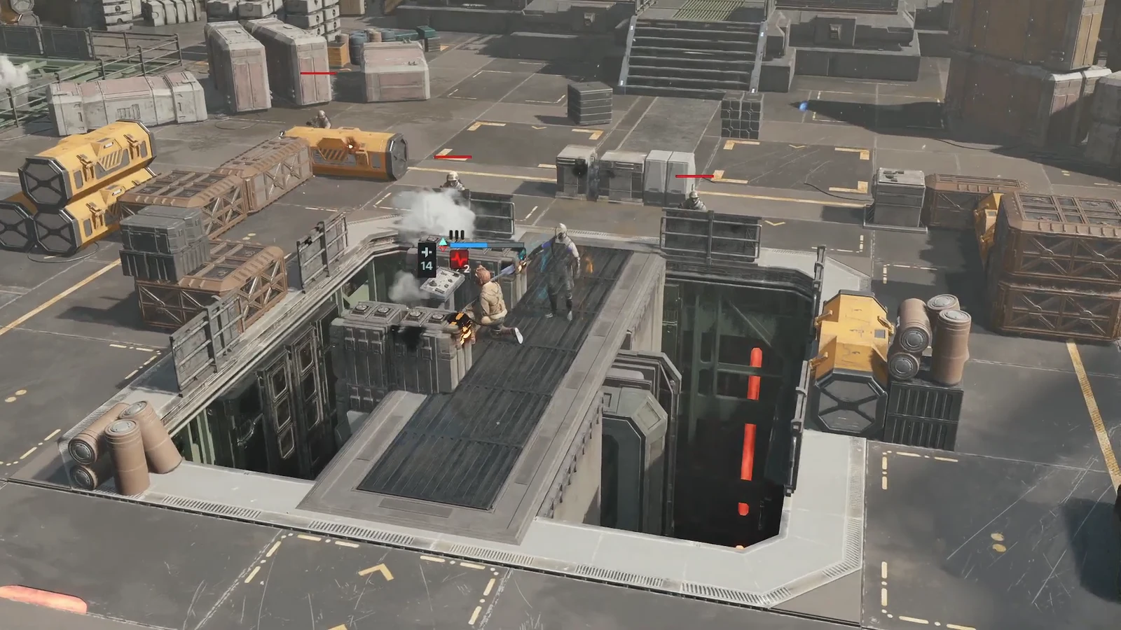 Player character trading fire with an armored Separatist enemy on a sci-fi platform