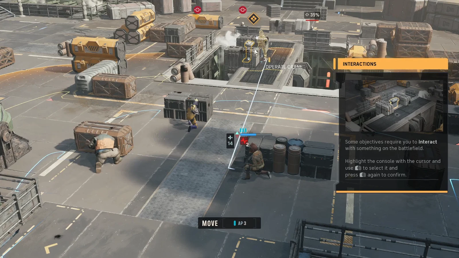 INTERACTIONS tutorial highlighting the crane console with the OPERATE CRANE action prompt