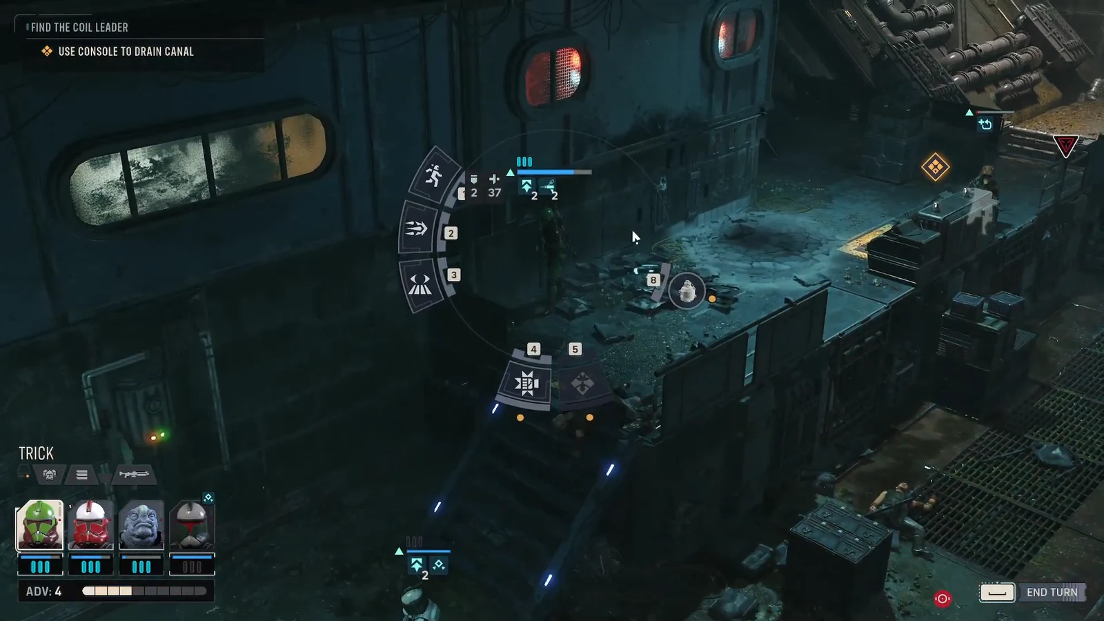 Operator action wheel open next to the console while the drain canal objective is displayed