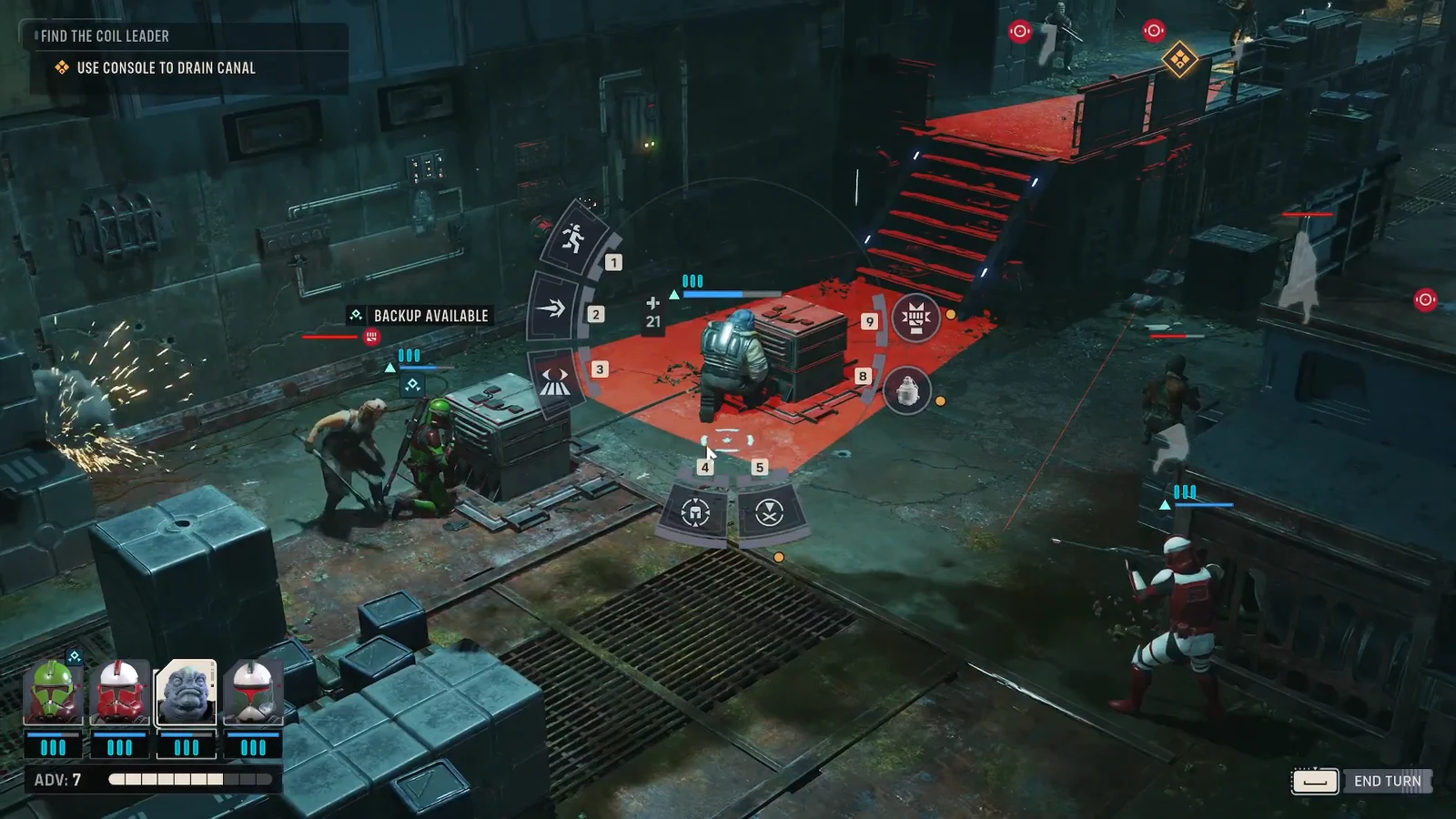 Radial ability wheel open in combat with the drain canal objective shown at the top of the screen