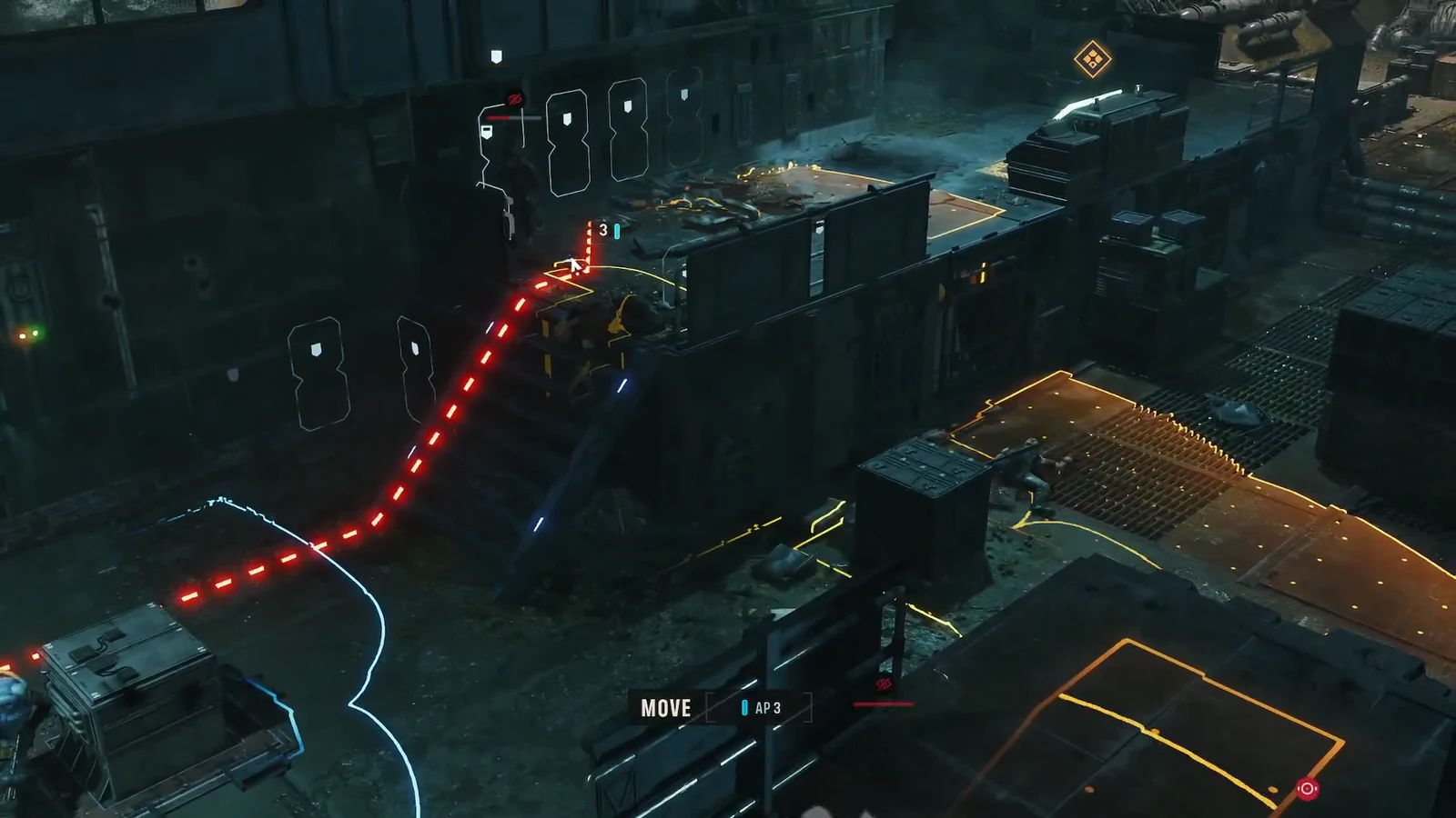 Movement path drawn toward the console platform, with the Move action costing three AP