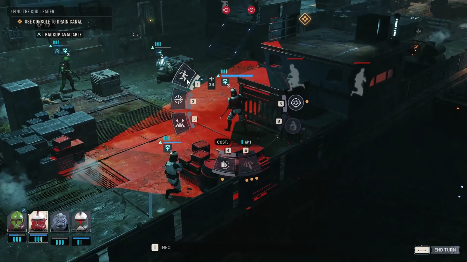 Action wheel showing AP costs while healing an injured operator during the canal fight