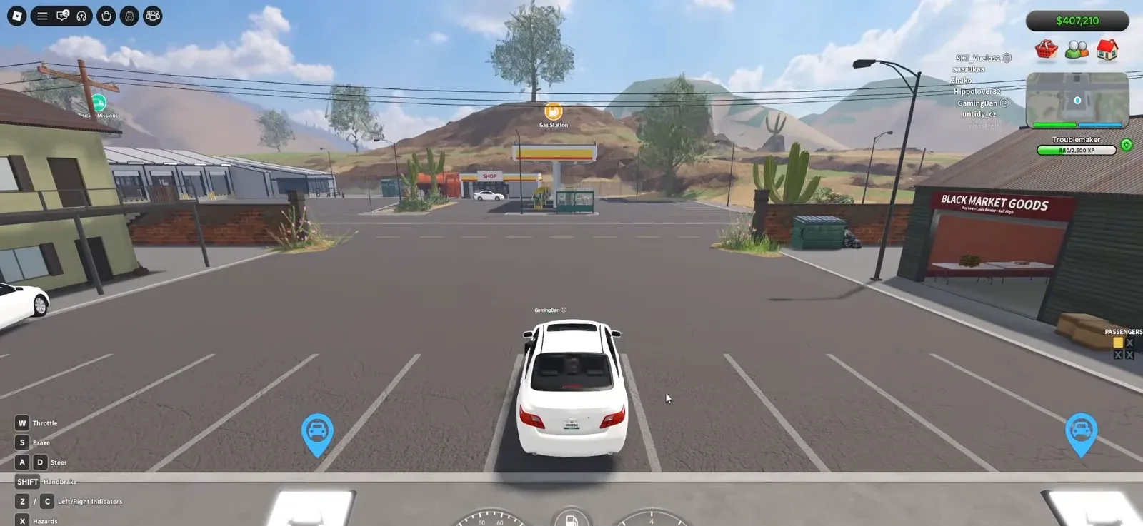 White car parked outside a gas station with the driving HUD ready before heading to the border