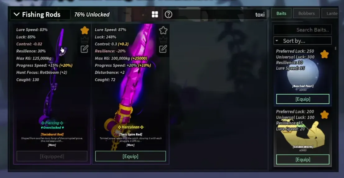 Fishing Rods menu showing the Toxinburst Rod equipped with its stats and bait options