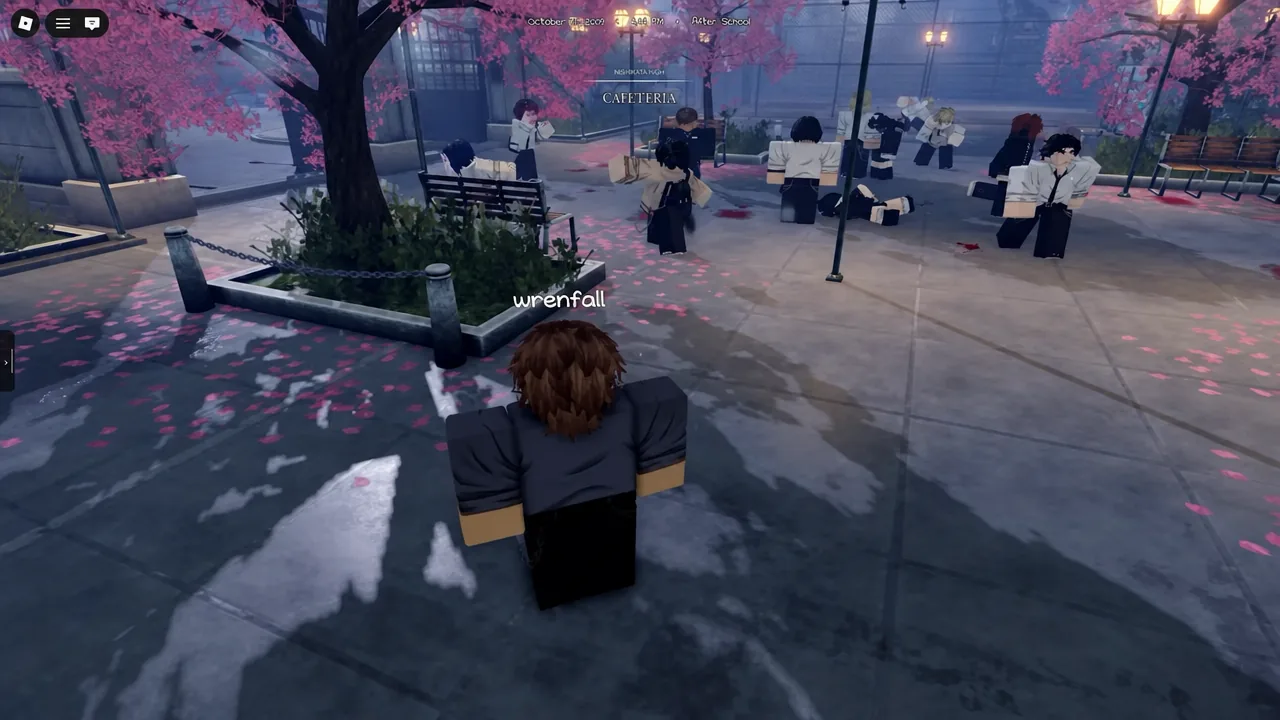 Player moving through the school courtyard with the CAFETERIA location label on screen
