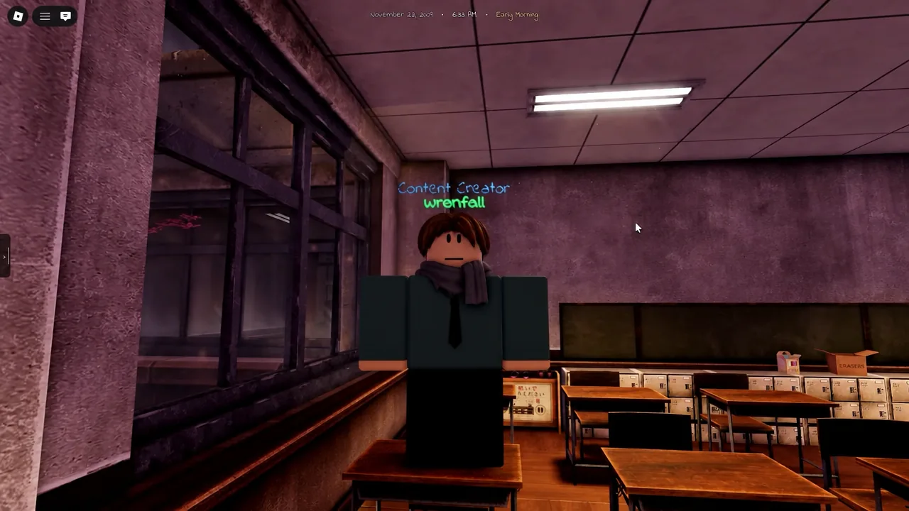 Short-build Gakuran character standing between classroom desks before heading out to fight