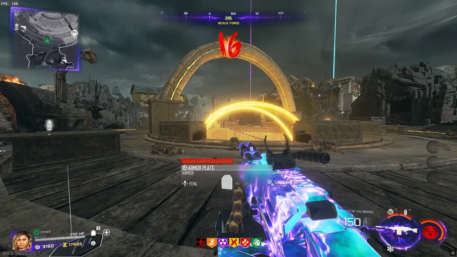 Gameplay HUD showing an ARMOR PLATE pickup and max armor while riding near Pack-a-Punch