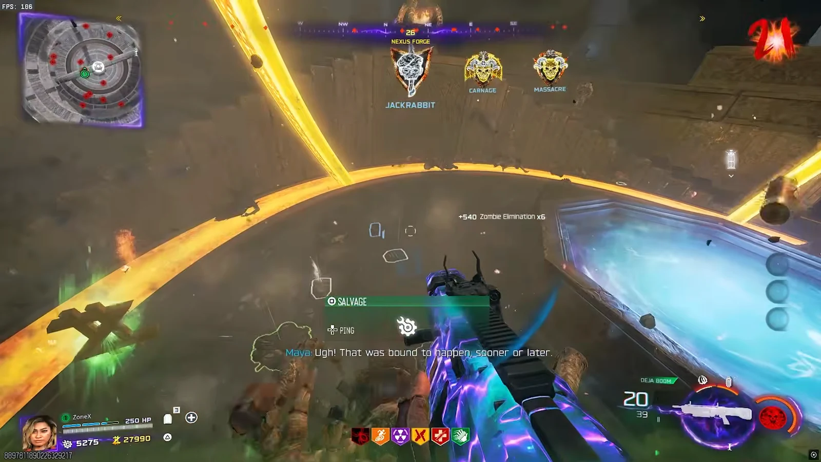 Salvage pickup prompt appears beside fallen enemies after the Web Mother sacrifice
