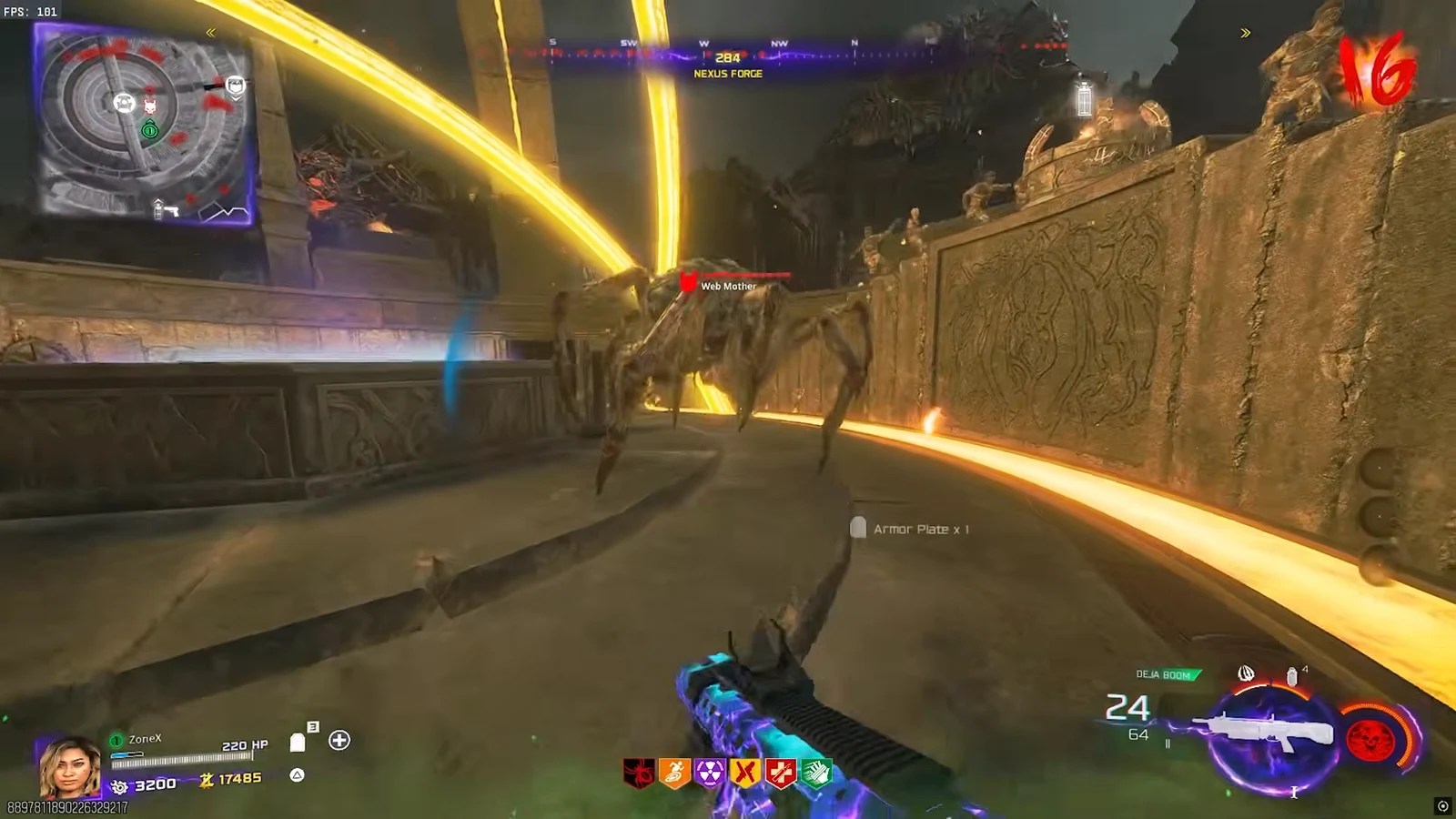 Player aims a rifle at the Web Mother spider enemy inside the Nexus Forge