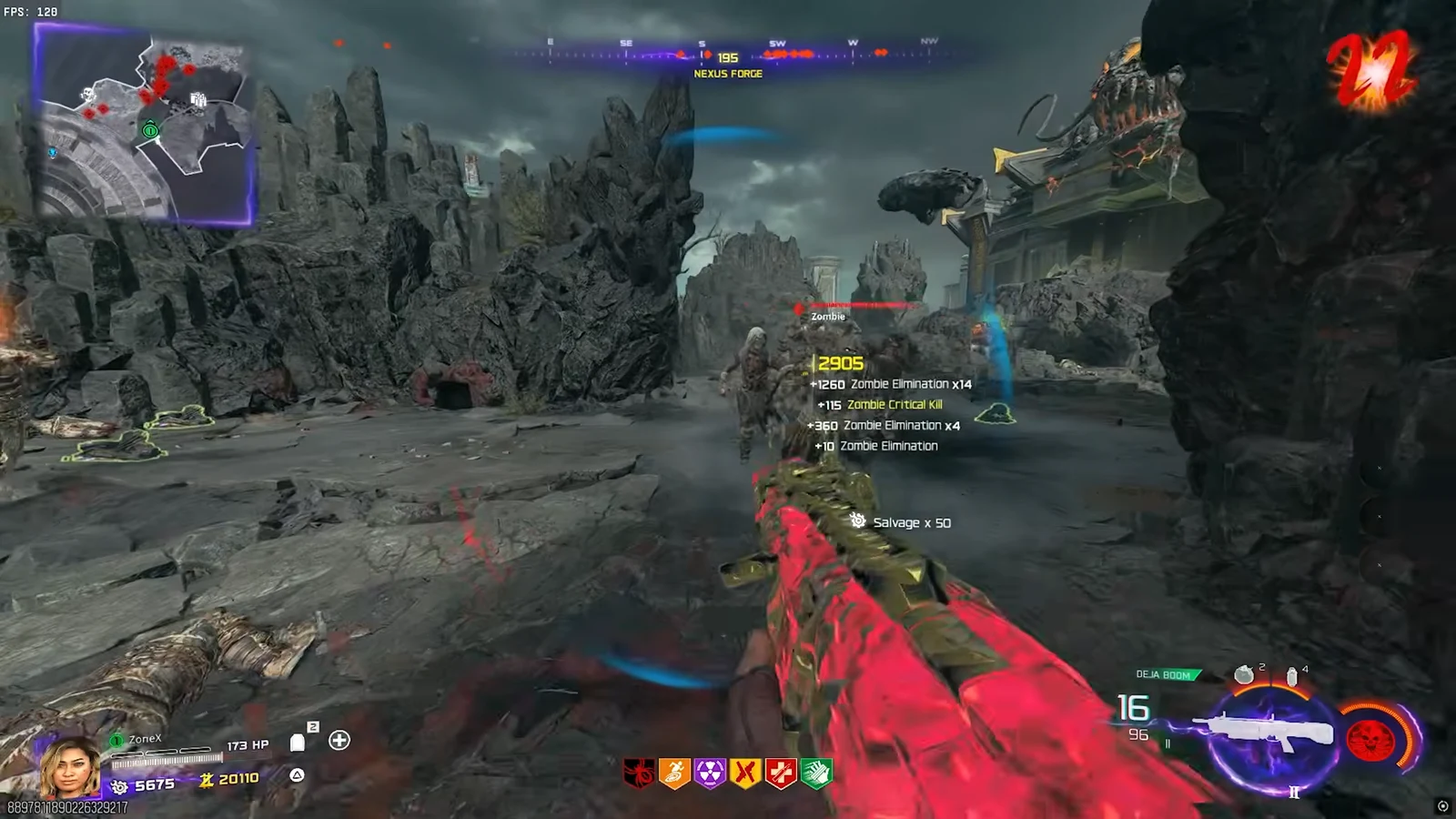 First-person Nexus Forge gameplay firing a red rifle at zombies while earning eliminations and salvage