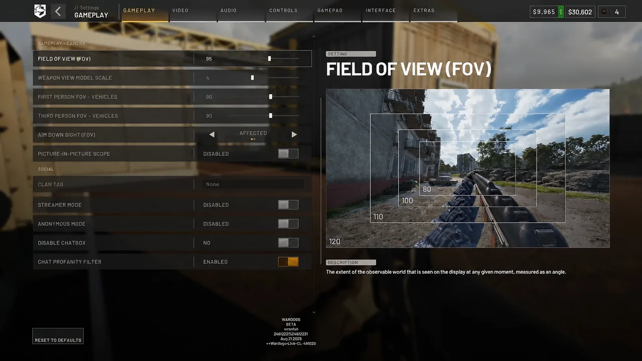 WARDOGS Gameplay settings menu with the Field of View slider being adjusted