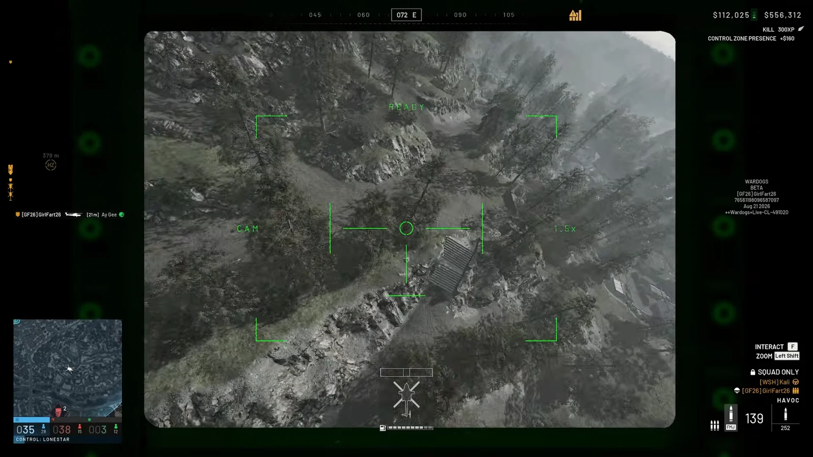 Helicopter camera showing READY while surveying mountainous terrain under player control