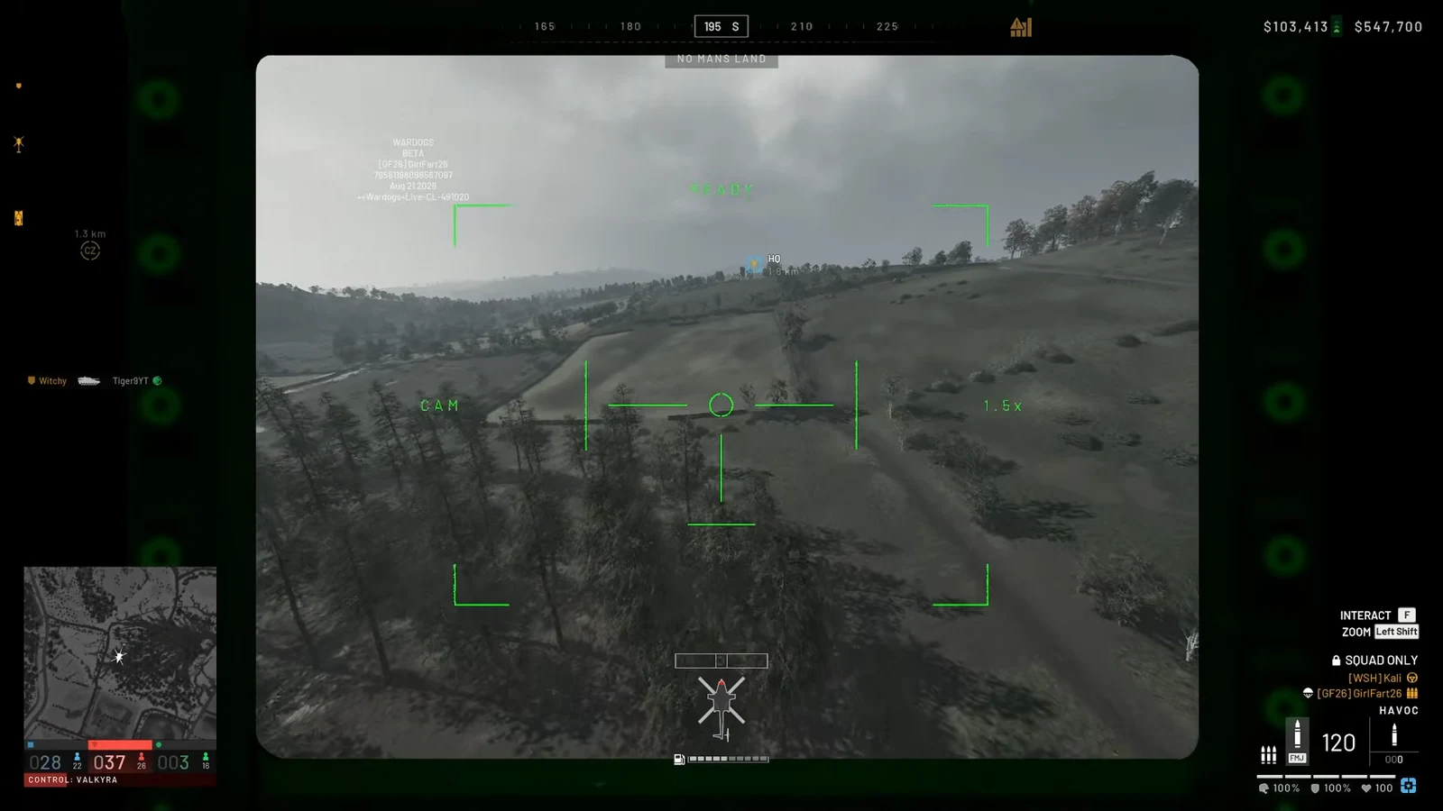 Gunner camera in NO MAN'S LAND view surveying river terrain through a 1.5x zoom reticle