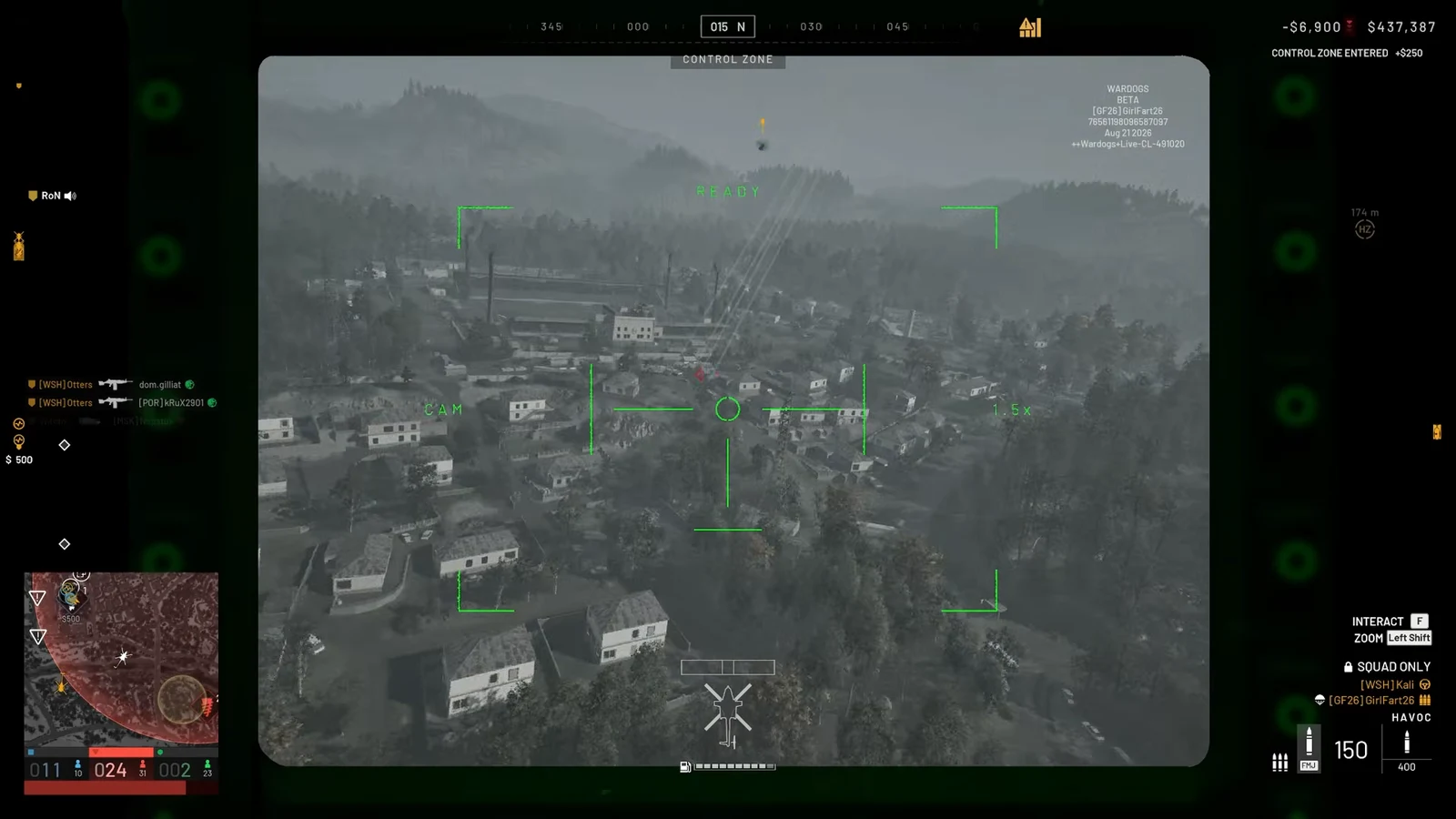 Gunner drone camera surveying a town from above with F to interact and Left Shift to zoom prompts
