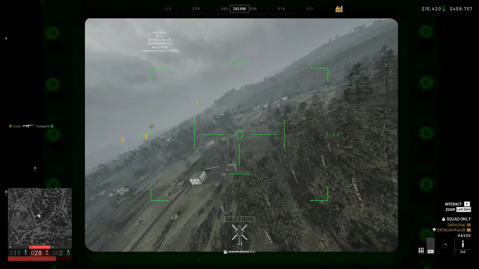 Havoc aerial camera showing a 1.5x zoom reticle over a hillside while surveying