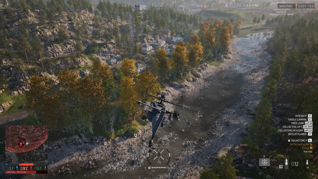 Helicopter flying low over a river valley with the vehicle HUD and flight controls on screen