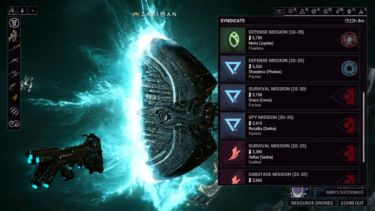 Syndicate mission panel listing Defense, Survival, Spy, and Sabotage missions