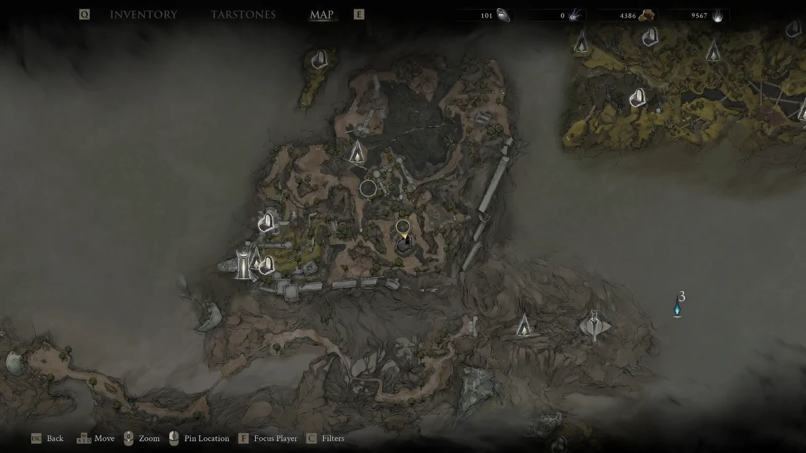 Map screen with the player marker and discovered location pins across the game world