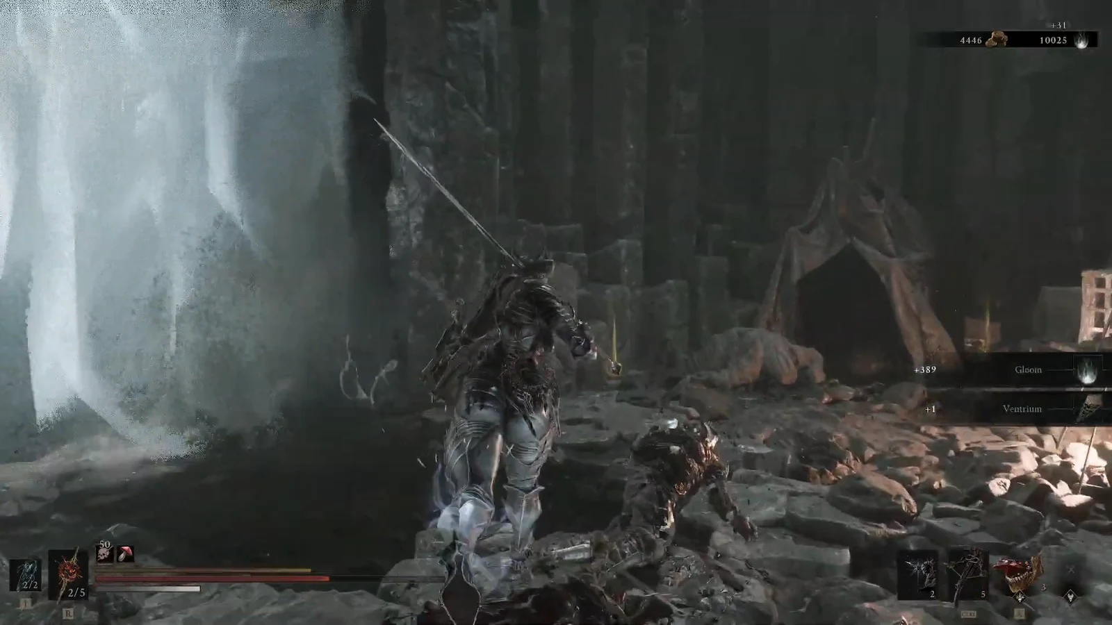 Armored character striking a crouched enemy in ruins with loot numbers on the HUD