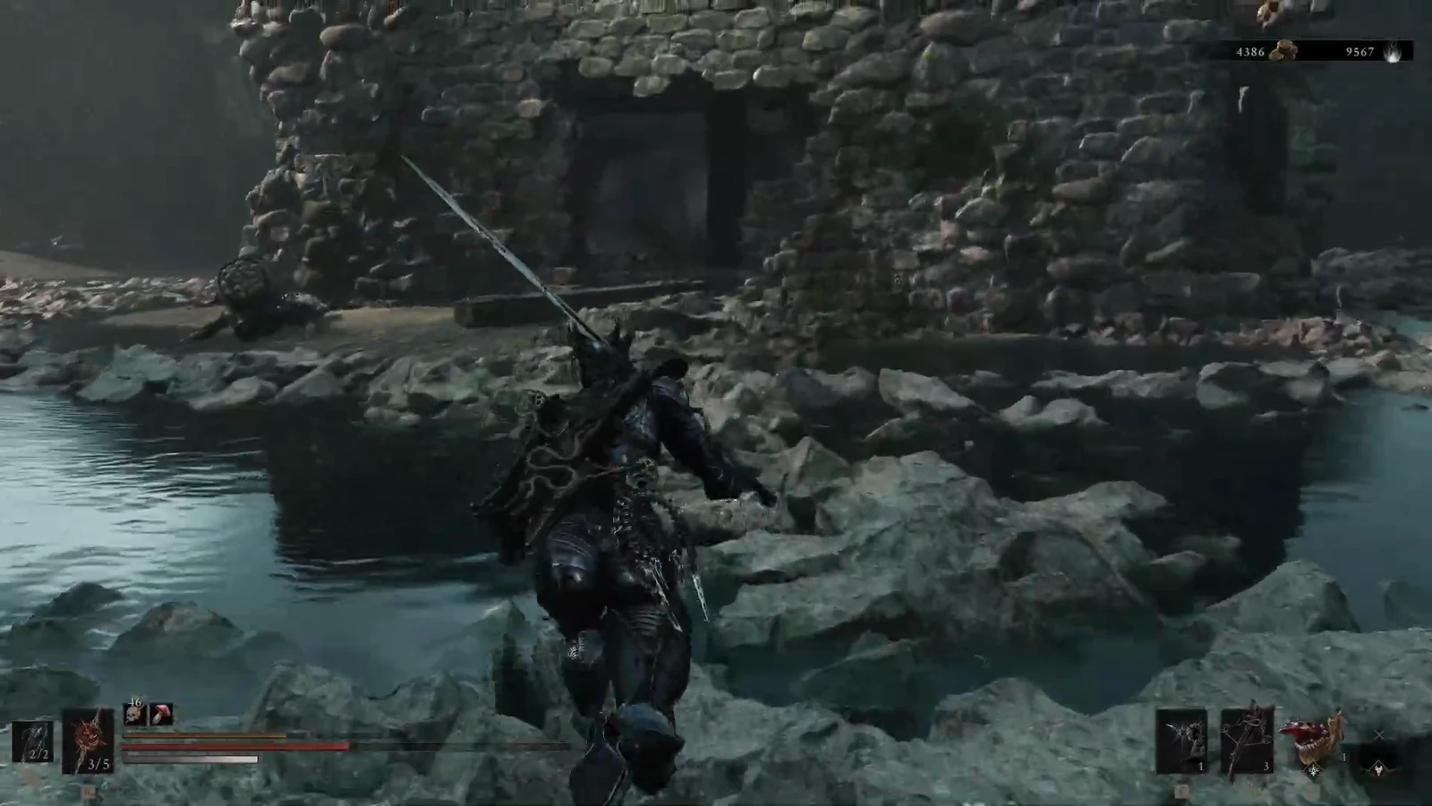 Armored swordsman wading through rocky shallows toward a stone fortress entrance