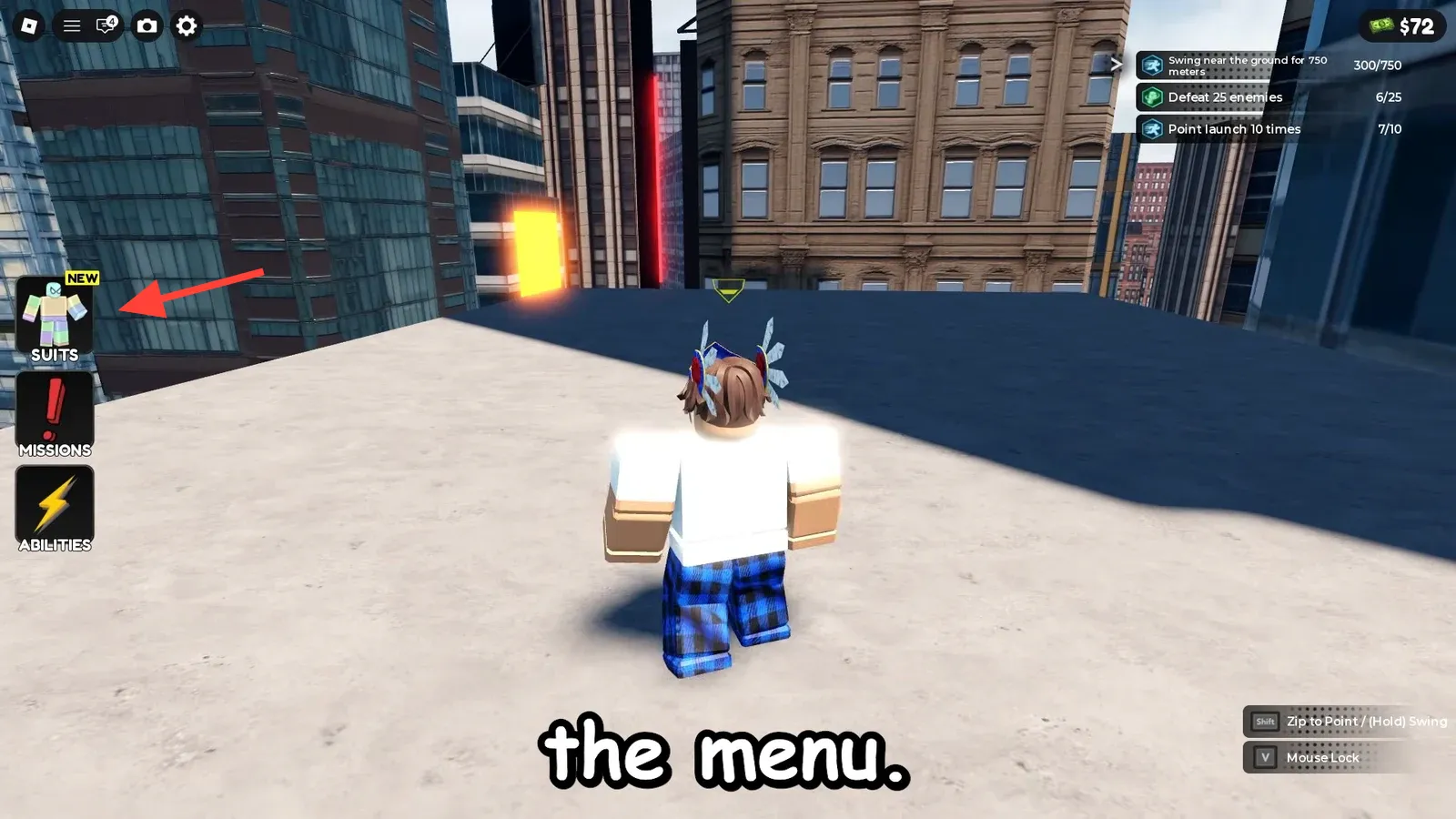 Rooftop view with Suits, Missions, and Abilities listed on the left-side menu
