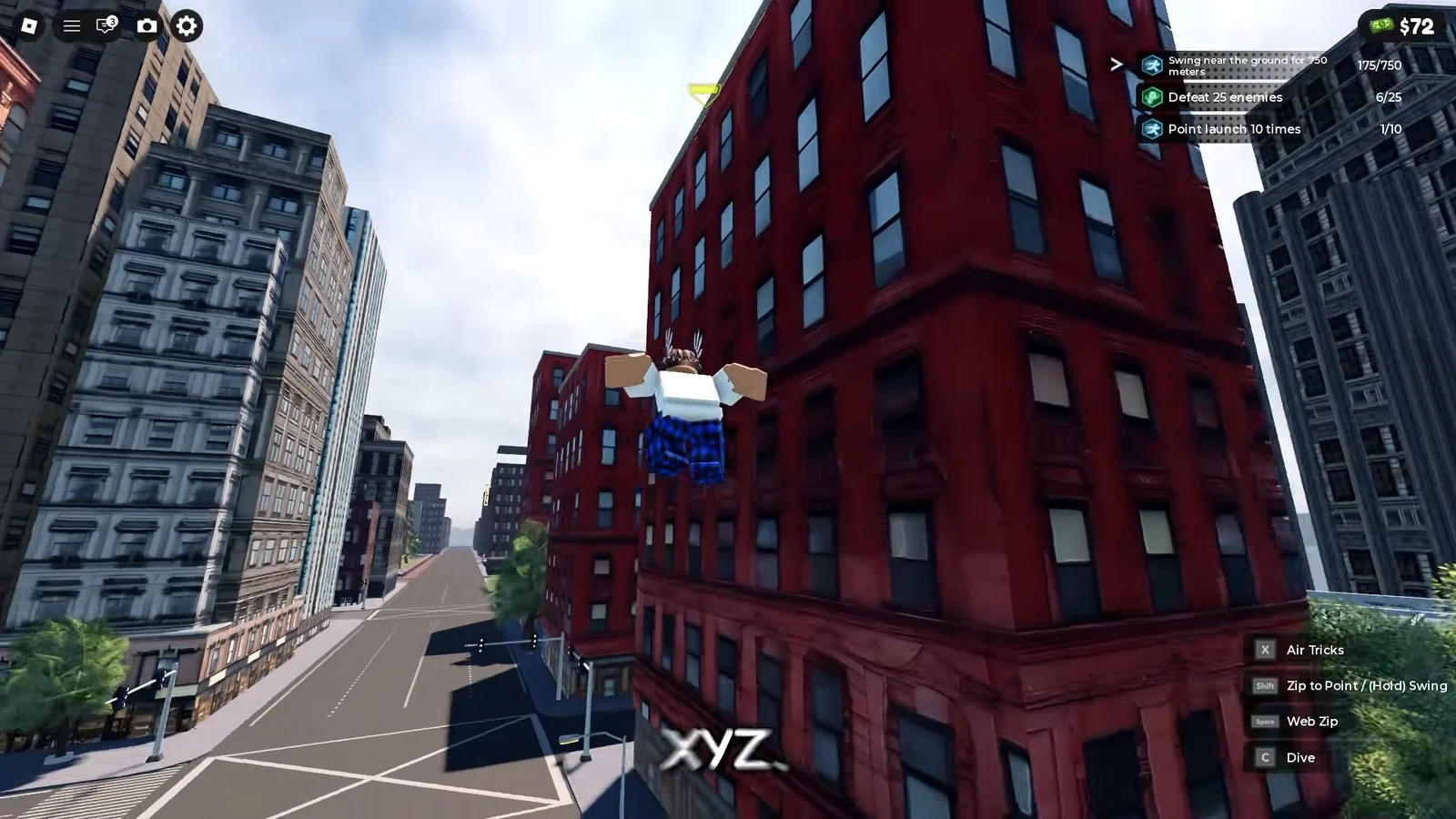 Avatar swings beside a red building with Shift Zip to Point and Hold Swing on screen