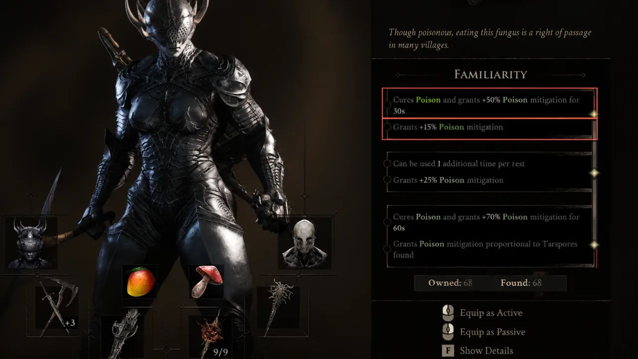 Familiarity menu highlighting a poison fungus perk that cures poison and grants plus 50 percent poison mitigation for 30 seconds