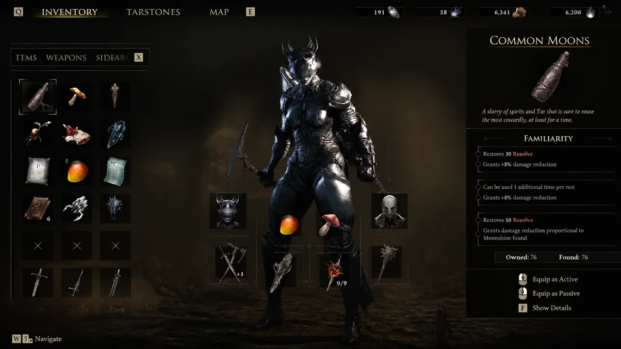 Items tab with Common Moons selected, showing its familiarity effects and options to equip it as active or passive