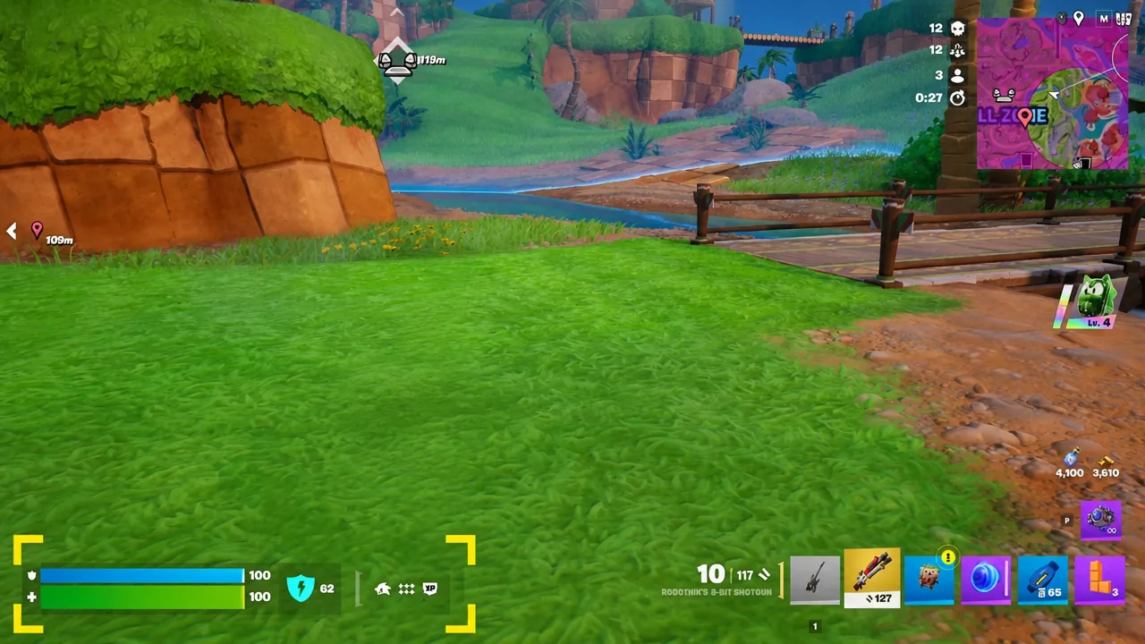 Fortnite player with a shotgun equipped running through the grassy hills of Green Hill Zone