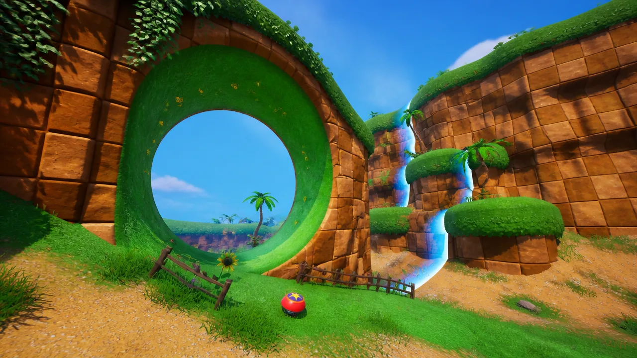 Fortnite player gaining Overshield after collecting Sonic Rings in Green Hill Zone