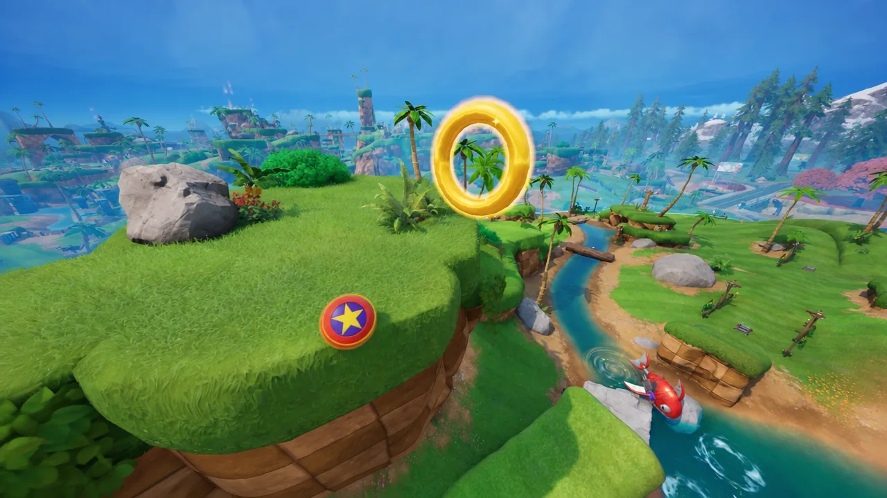 Sonic Rings scattered on the ground in Fortnite after the player takes damage