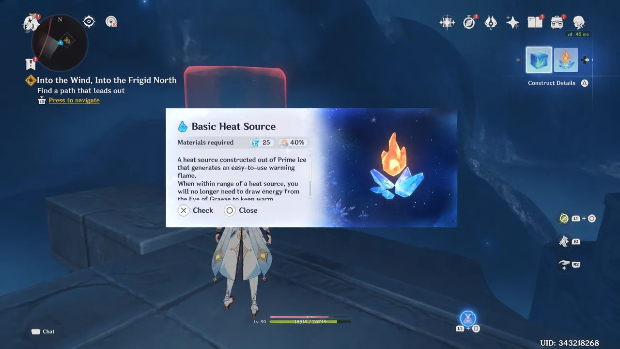 Learning the Prime Ice Construct recipe for the Basic Heat Source in Genshin Impact with the Eye of Graeae early into Snezhnaya