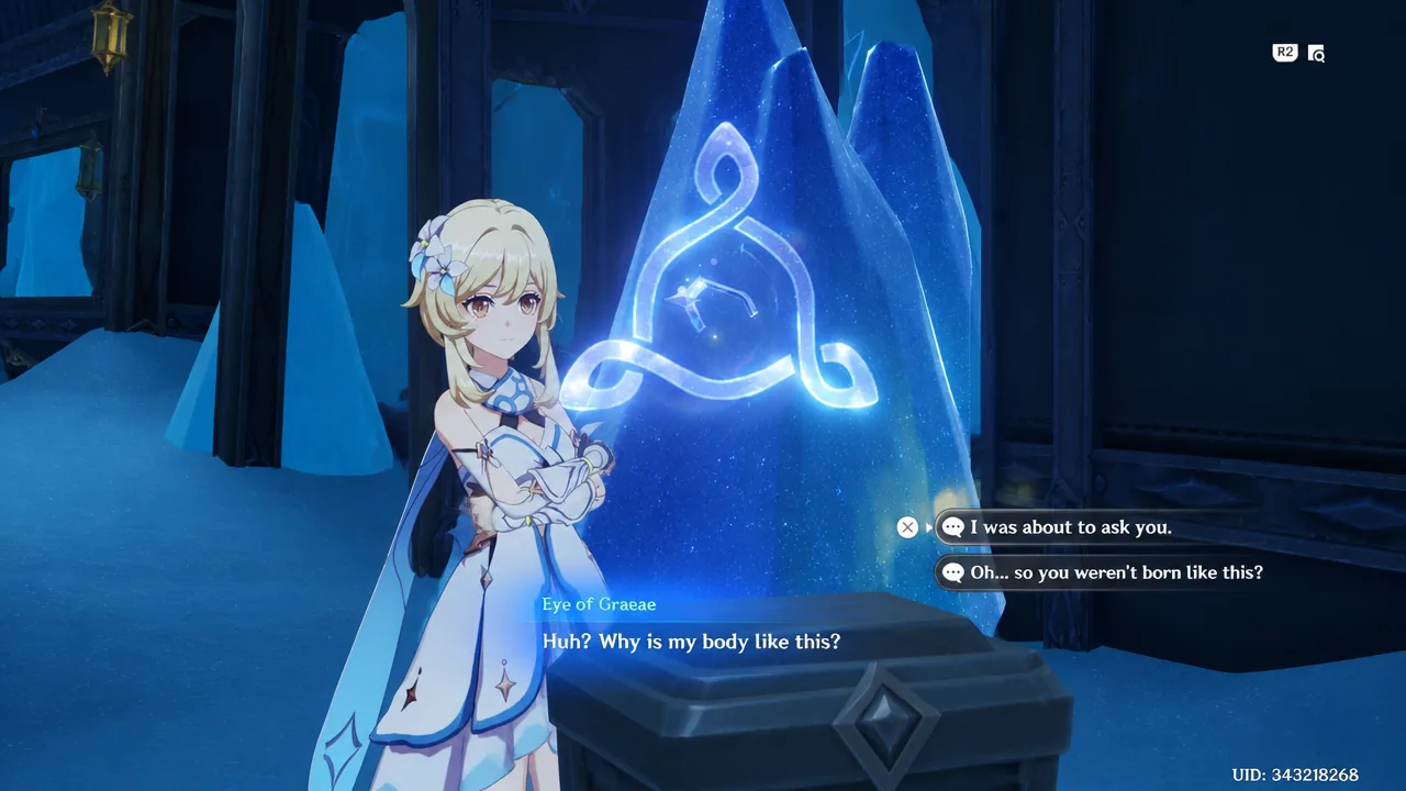 The Eye of Graeae hinting it's a person in Genshin Impact while Lumine looks unimpressed