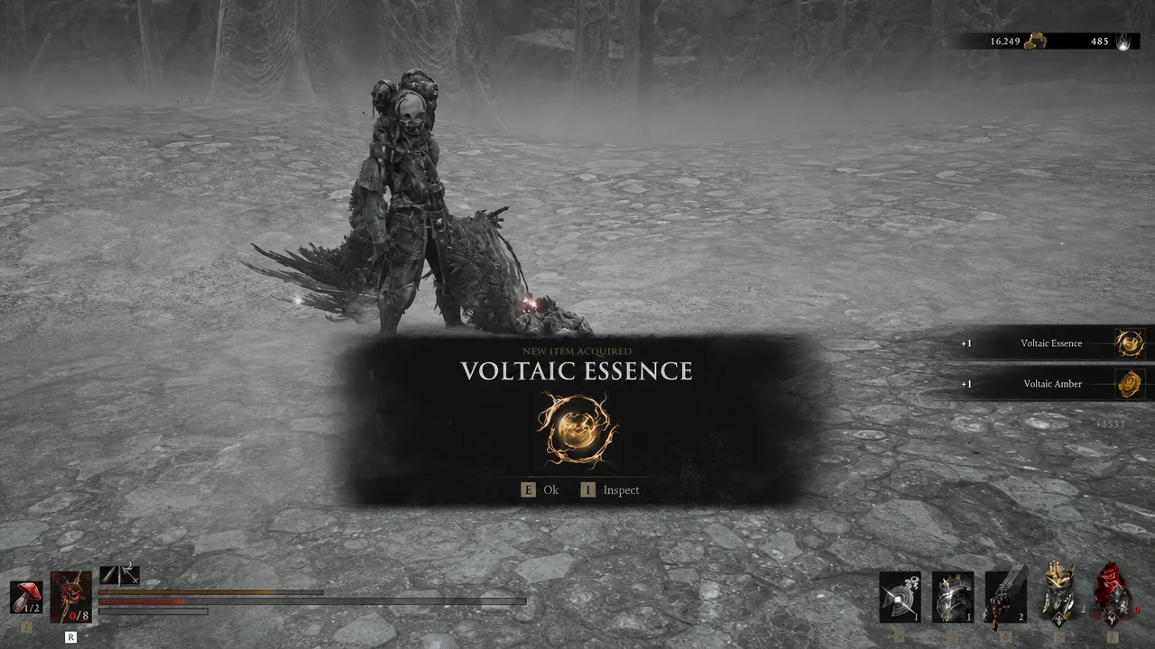 New Item Acquired popup for Voltaic Essence with prompts to confirm or inspect