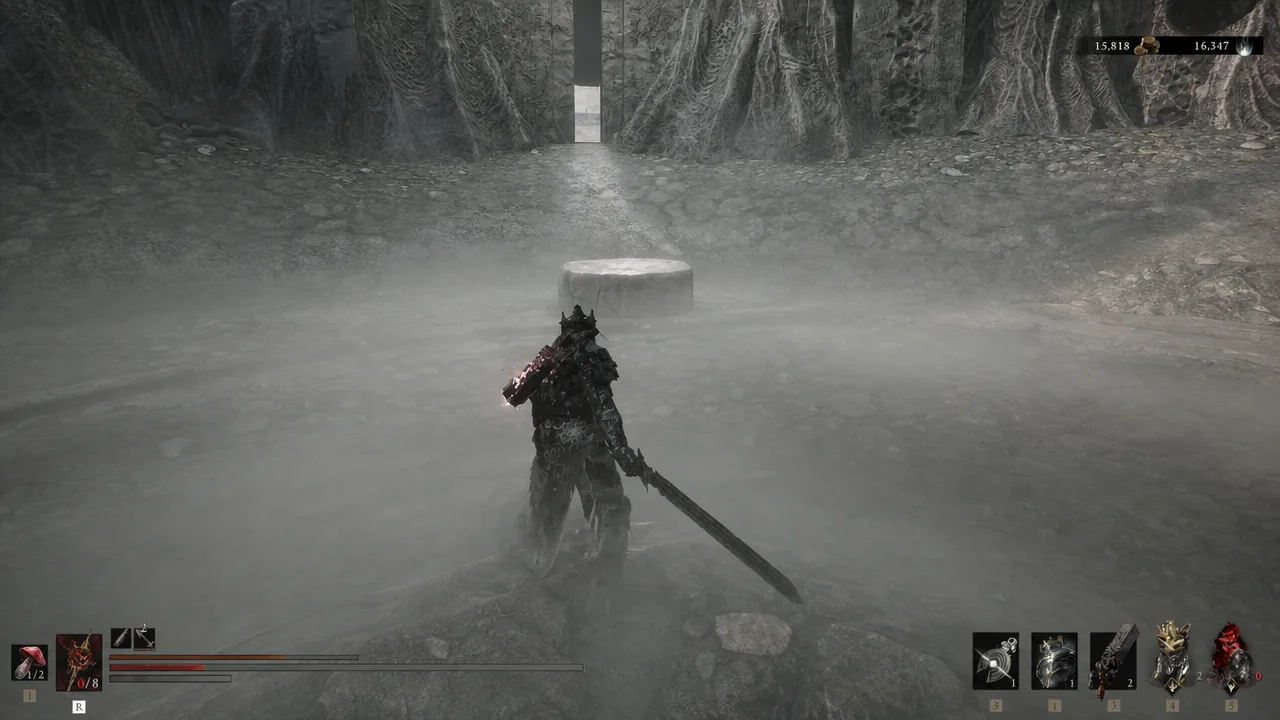Armored character standing in a foggy cavern facing a central circular stone platform