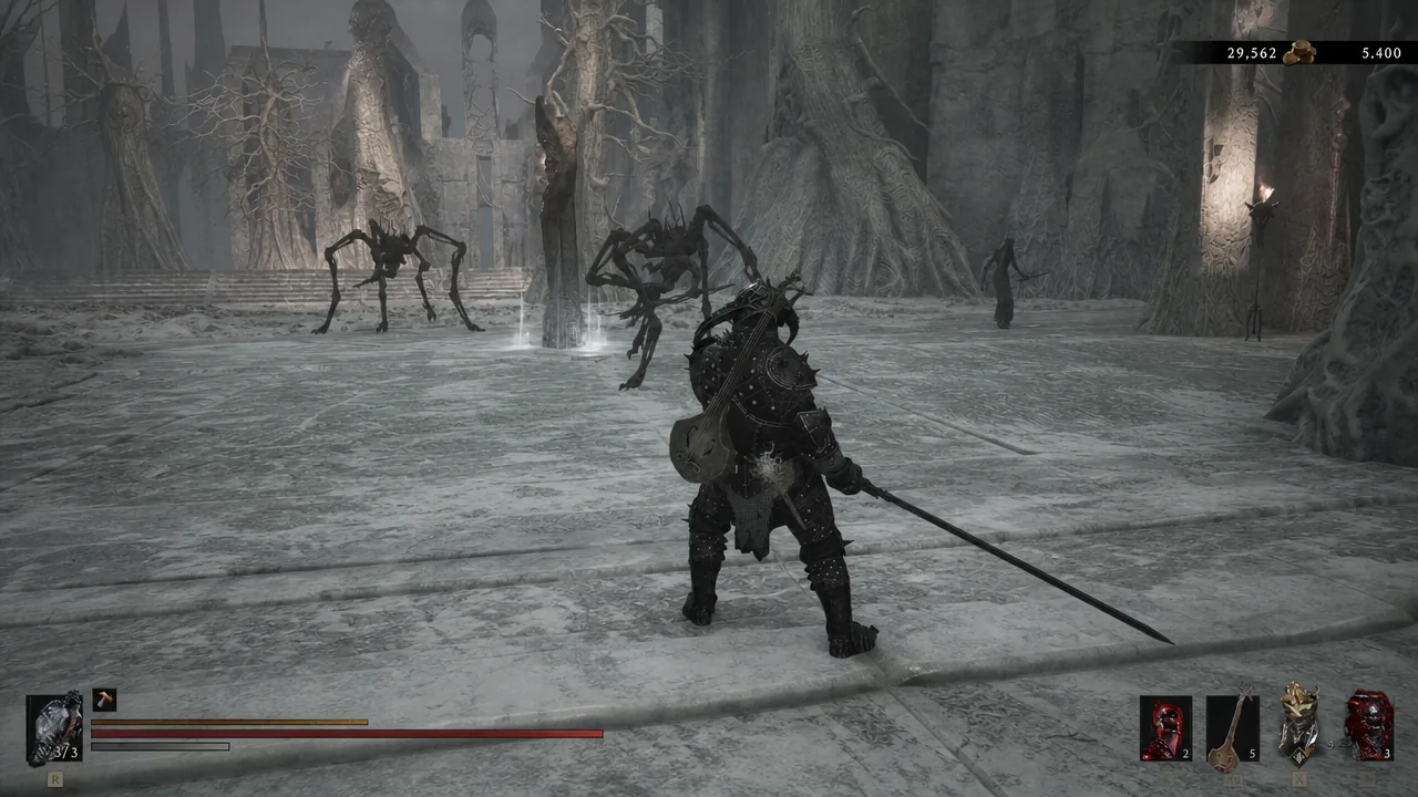 Player character with a sword facing several skeletal enemies in a snowy courtyard