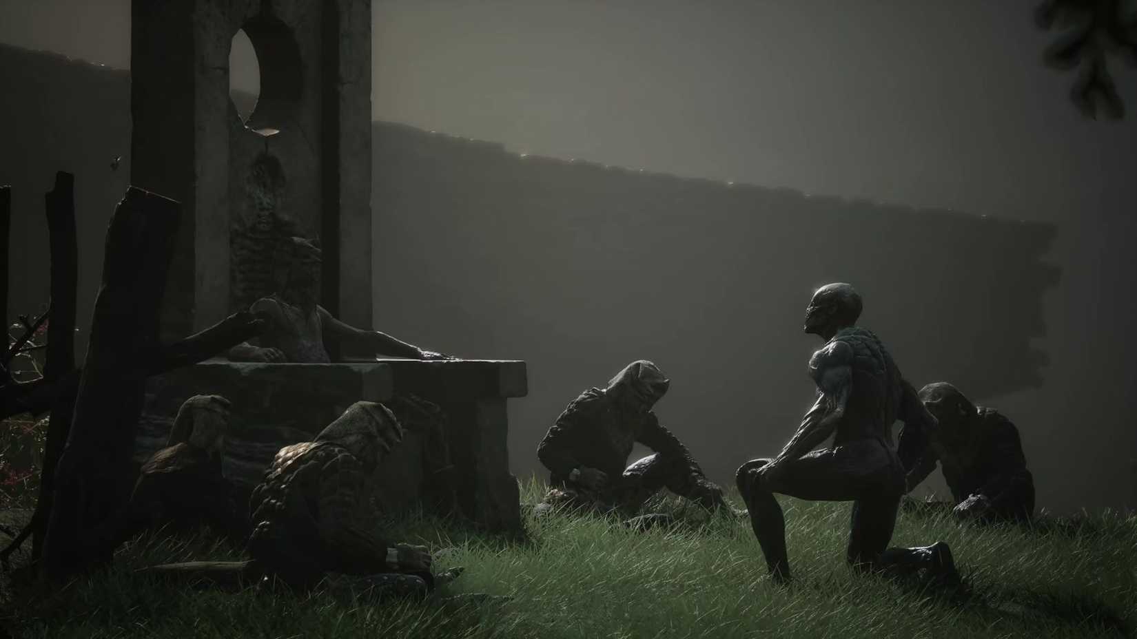 Baghead seated on his throne overlooking a chasm with his followers in Mortal Shell 2