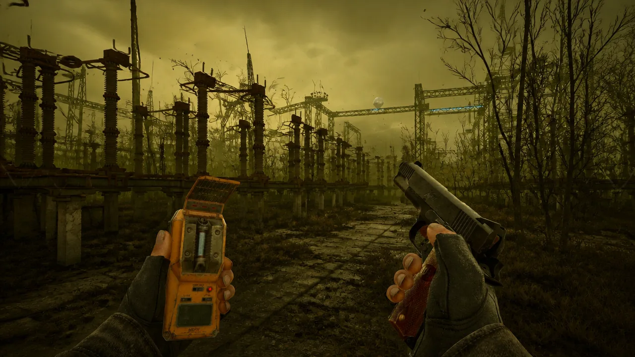 Skif holds a handheld anomaly detector and pistol inside a ruined electrical substation