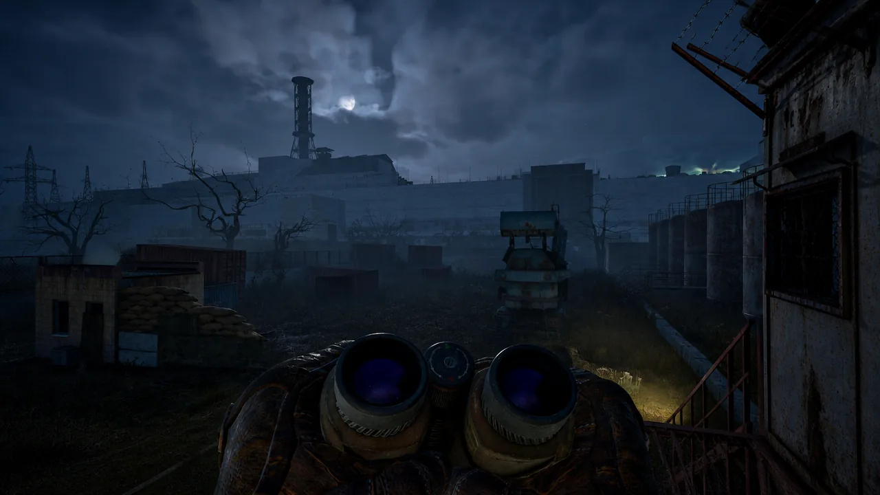 Skif raises binoculars to scout a darkened industrial compound at night in the Zone