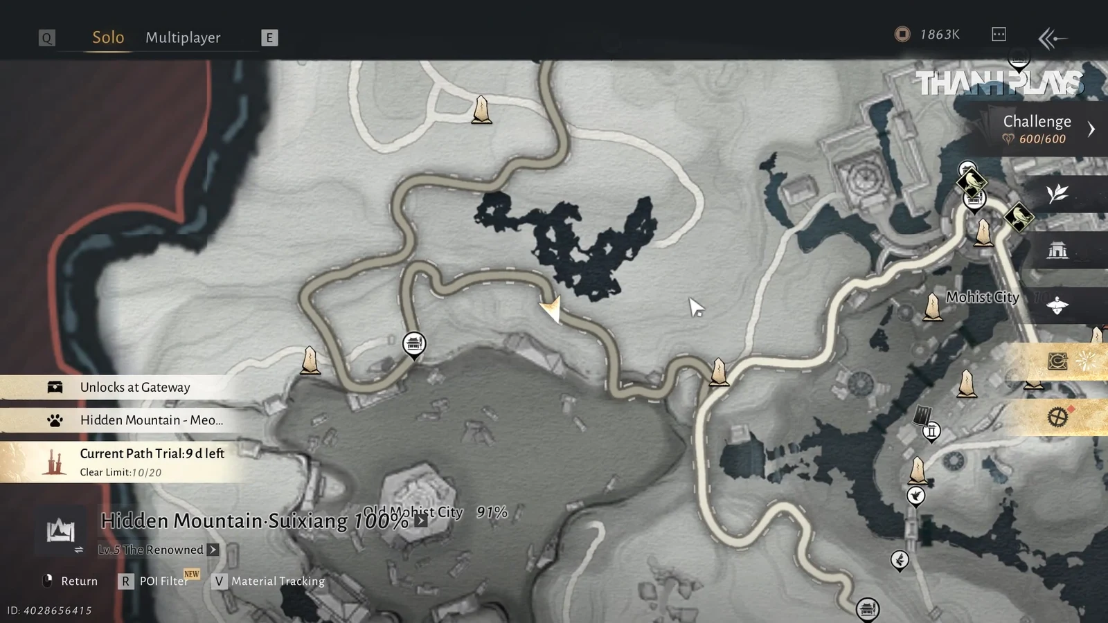 Solo map of Hidden Mountain-Suixiang with Path Trial and points of interest