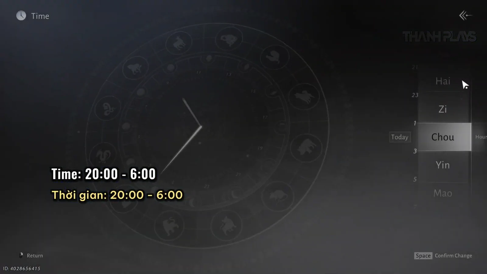 Time menu highlighting the Chou period for hours 20:00 to 6:00