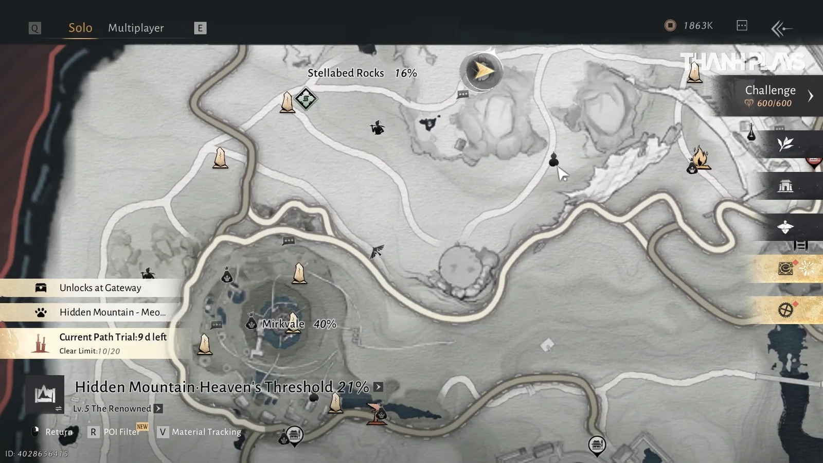 Map of Hidden Mountain Heaven's Threshold at 21 percent with a Path Trial timer